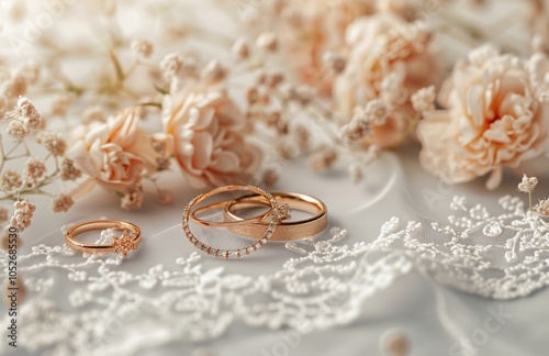 White Lace Fabric and Pink Flowers With Gold Wedding Bands on a White Background