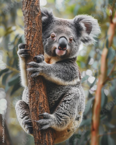 Koala Gripping a Tree Trunk in an Australian Forest