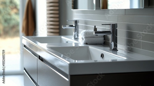 Modern bathroom sink vanity with decorative plants and towels in bright natur...