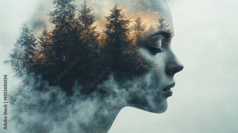 A double exposure portrait capturing the profile of a man intertwined with a serene forest landscape A double exposure portrait capturing the profile of a man intertwined with a serene forest landscape