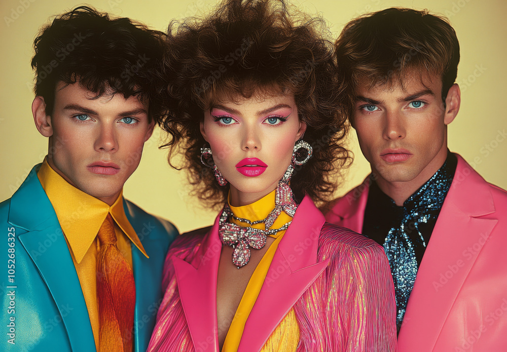 1980s vintage fashion portrait. Man and woman group with retro 80's ...
