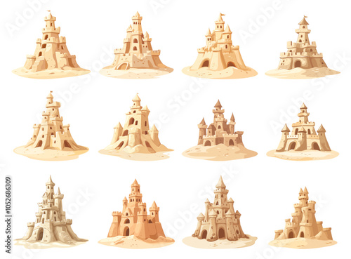 Sand castle set with towers turrets walls. Childhood coast shore leisure beach activity. Vacation symbol. Decorative sand fortress element for summer designs. Cartoon style isolated vector clipart