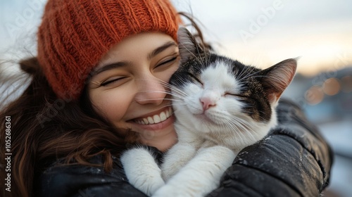 Young woman in a yellow sweater joyfully cuddles her striped cat outdoors on ...