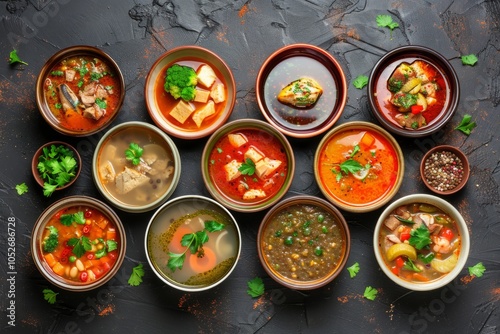 Asian Soups Set with Kespe Soup, Kullama or Beshbarmak, Fish Soup Bouillabaisse photo