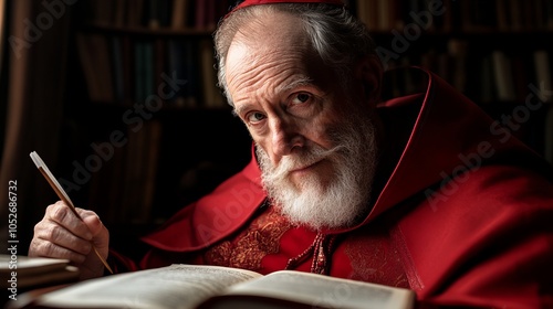 An older man in a red robe and cardinal hat looks directly at the camera while reading a book. photo