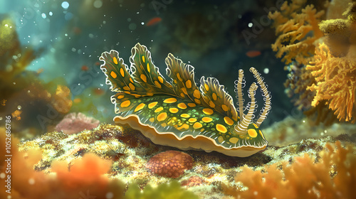 Exploring the Life of the Leaf Sheep Sea Slug (Costasiella kuroshimae) in Its Vibrant Coral Reef Habitat photo