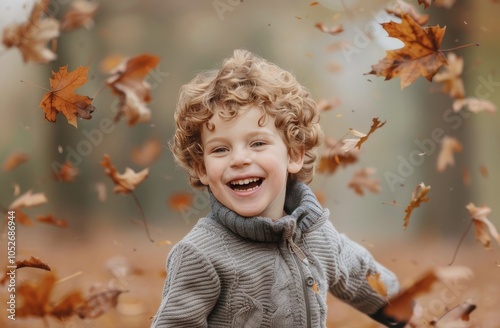 Boy Laughing in Falling Autumn Leaves