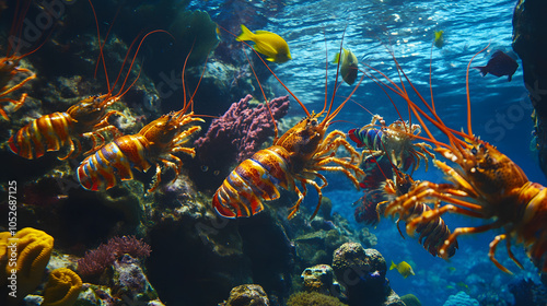 A Dynamic Group of Rainbow Lobsters Swimming Together in a Vibrant Coral Reef photo