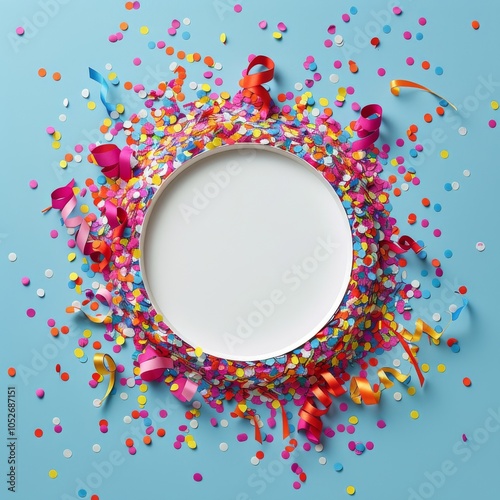 Colorful Confetti and Ribbons Surrounding a Blank Circle on a Blue Background