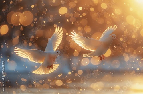 Two White Doves Soaring in Golden Light at Sunset