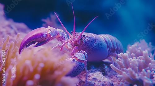 Serene Underwater Scene of a Purple Reef Lobster Gracefully Moving Across a Beautiful Coral Reef photo