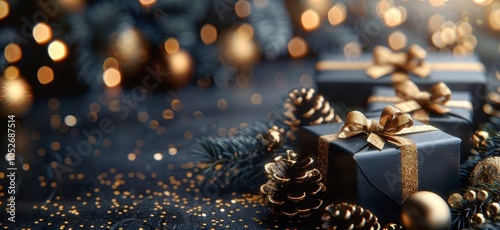 Wrapped Gifts With Gold Bows and Ornaments on a Wooden Table