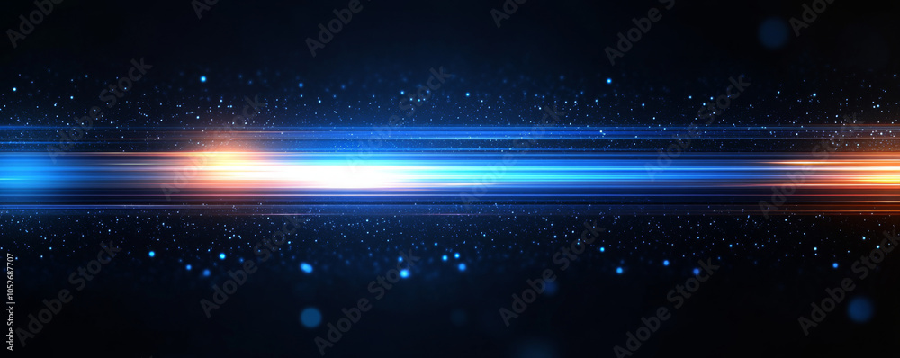 Obraz premium Abstract background with blue and orange gradient light streaks on black, glowing blurred motion effect, glowing horizontal lines. 