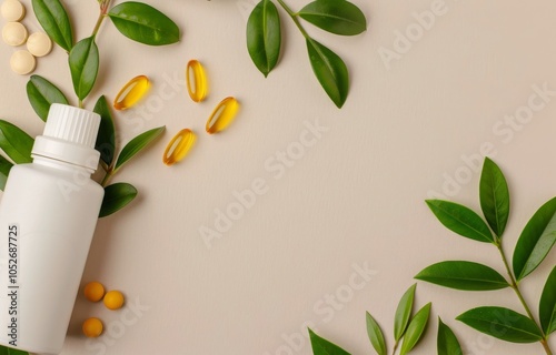 White Bottle and Pills With Green Leaves
