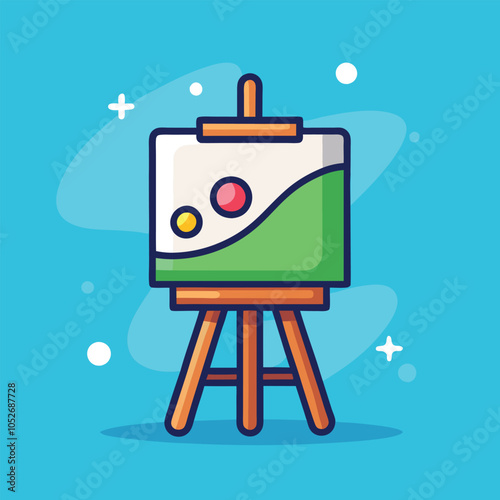 A colorful painting on a wooden easel.