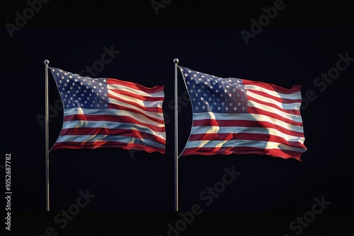 Two Weathered American Flags Waving in the Wind
