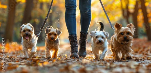 Person Walking Four Dogs on Path Through Autumn Forest