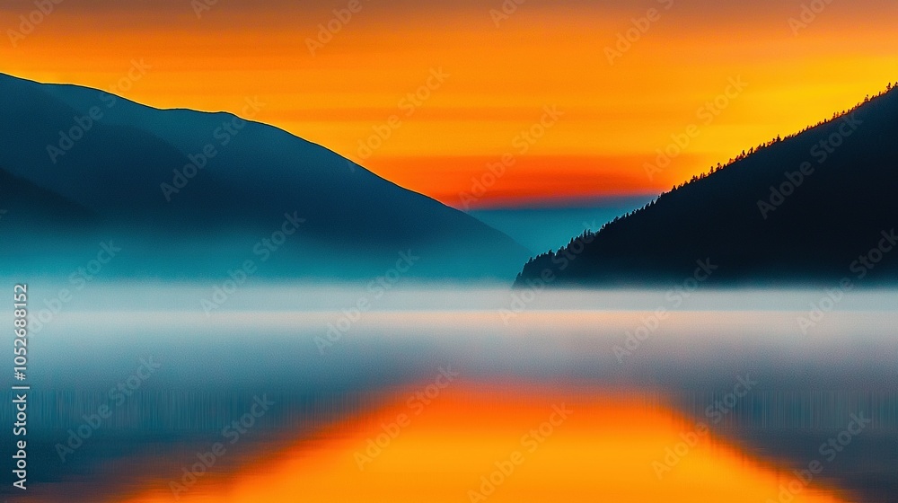 Fototapeta premium A stunning image captures a vast expanse of water, framed by majestic mountains on either side Sunset paints the sky in hues of orange and pink