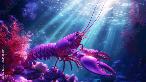 Artistic Representation of a Purple Reef Lobster in a Vibrant Underwater Landscape with Sunlight Interaction photo