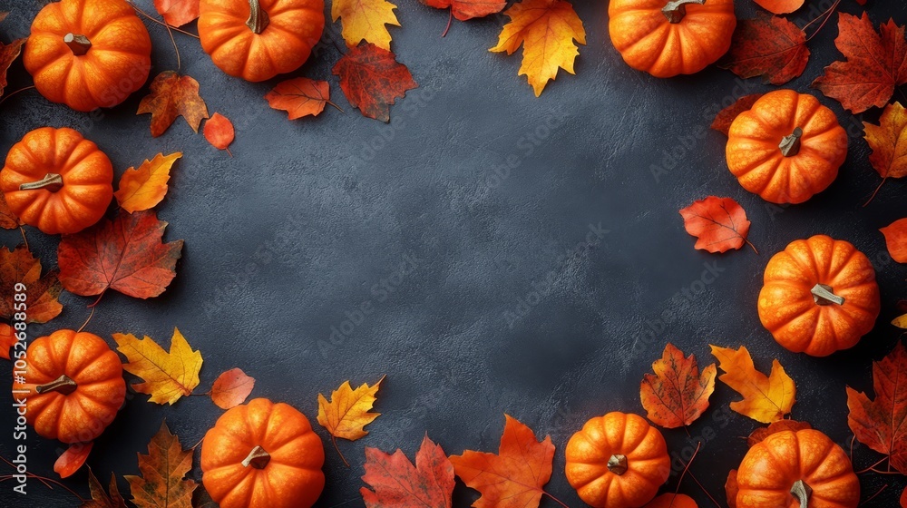 Autumn Pumpkins and Colorful Leaves on Dark Background Autumn Pumpkins and Colorful Leaves on Dark Background