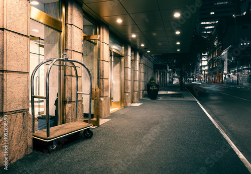 Luxury night entrance, Illuminated hotel facade, Urban night elegance, Entrance to sophistication. 
