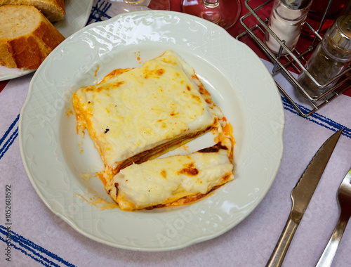 Traditional dish of Italian cuisine is veal lasagna with delicious Parmesan cheese melted on top photo