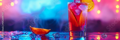 Aperol Spritz Cocktail on Neon Background, Tropical Mocktail, Beach Party Aperol Spritz Coctail photo