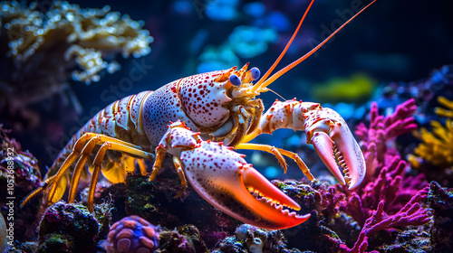 A Vibrant Underwater Ecosystem with a Rare White Lobster as the Stunning Focal Point photo