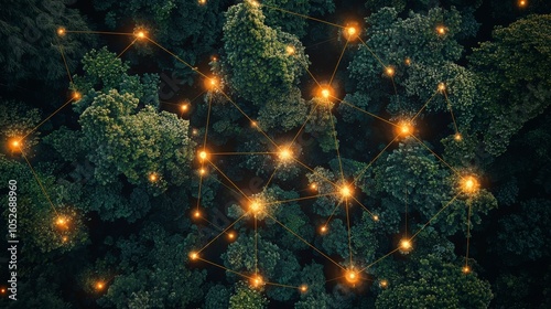 An enchanting overhead view showcases glowing nodes connected across dense forest foliage, representing networks and connectivity in a mesmerizing natural setting. photo