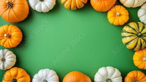 Decorative Assortment of Colorful Pumpkins on a Green Background