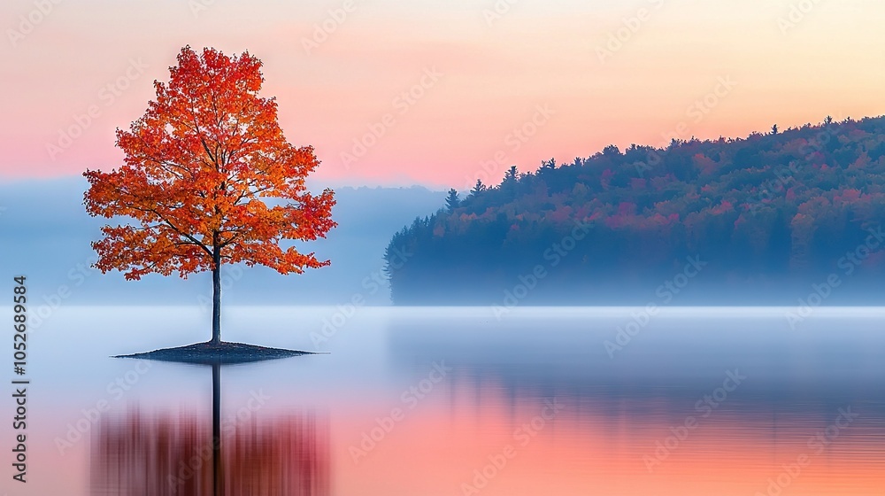 Lone tree on island in midst of water, mountain backdrop Lone tree on island in midst of water, mountain backdrop