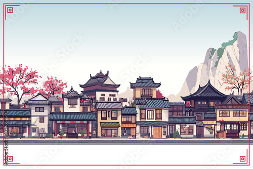 Traditional chinese townscape background. China town city street. Buildings placed in a line mountains on the back. New Year festival cityscape banner. Place for text. Cartoon style vector