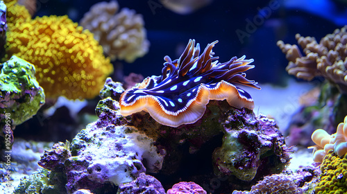 Captivating Clown Nudibranch (Ceratosoma amoenum) Resting on Colorful Coral with Exotic Fishes photo