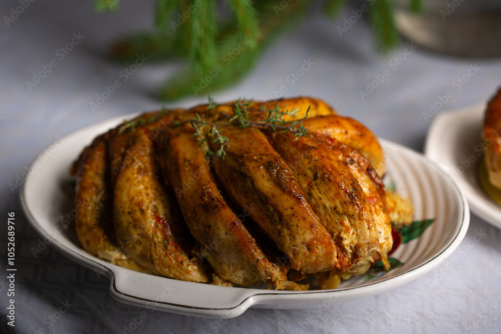Baked chicken fillet on the bone, an alternative to holiday turkey for the holidays Baked chicken fillet on the bone, an alternative to holiday turkey for the holidays