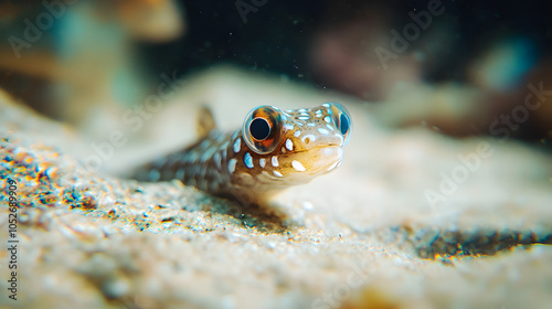 Enchanting Scene of Splendid Garden Eel Blending Into Sandy Ocean Floor with Curious Fish Observing photo