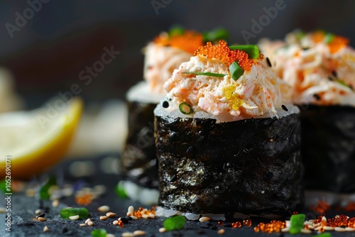 Uramaki sushi rolls with cream cheese, snow crab, cucumber, flying fish caviar, mayonnaise, lemonillustration photo