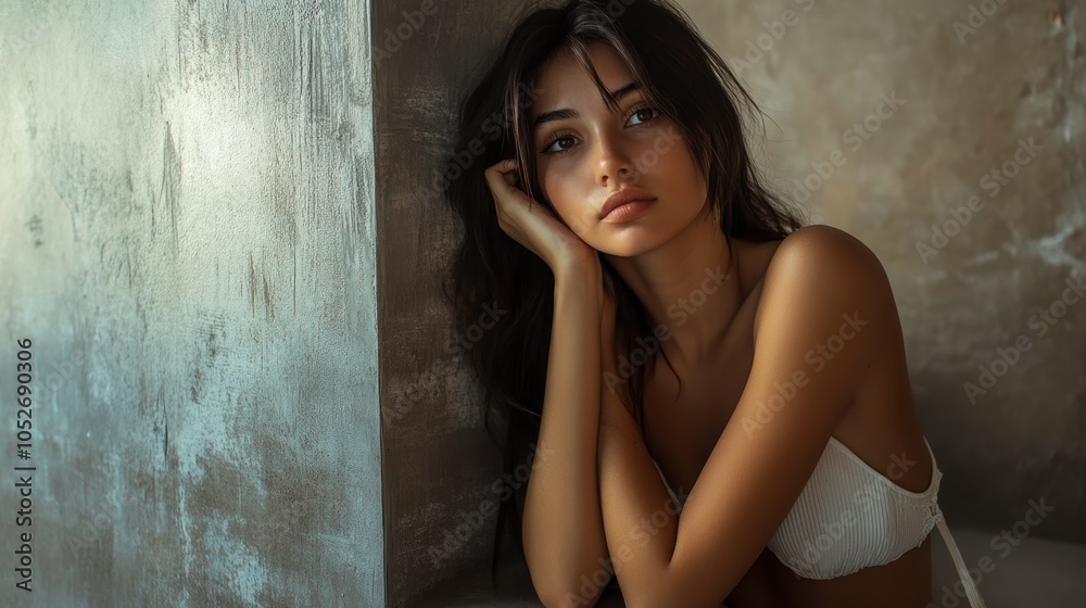 Naklejka premium A Beautiful Young Woman Relaxes Against a Grey Wall in a Stylish Interior Space, Showcasing Her Elegance. Generative AI