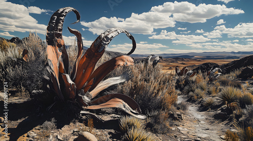 Artistic Representation of the Welwitschia (Welwitschia mirabilis) and Its Unique Desert Ecosystem photo