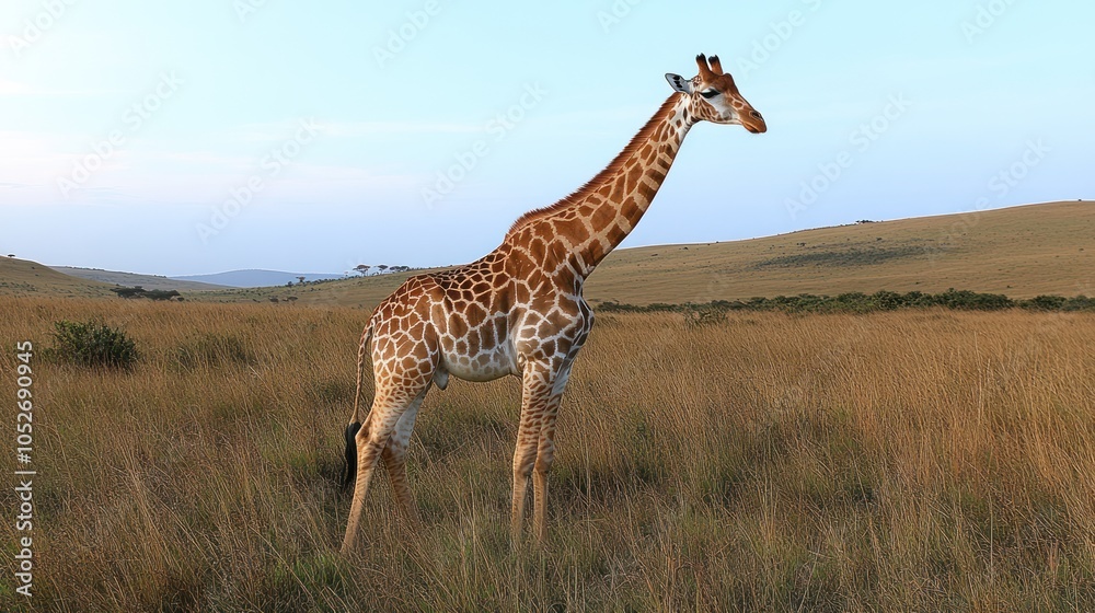 Fototapeta premium A Giraffe Stands Tall in a Savanna Landscape