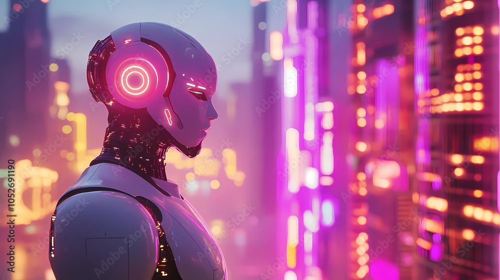 Futuristic robot with human-like features standing in a neon-lit cityscape at dusk. Techno-Futuristic City. Illustration Futuristic robot with human-like features standing in a neon-lit cityscape at dusk. Techno-Futuristic City. Illustration