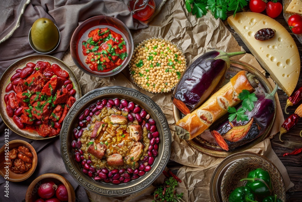 Traditional Georgian Lunch Set with Red Beans Lobio, Eggplant Pepper Rolls and Cheese Plate Top View