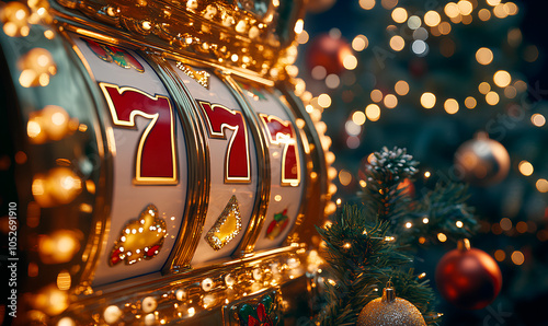 A decorative slot machine featuring golden details stands amid sparkling holiday lights and ornaments photo