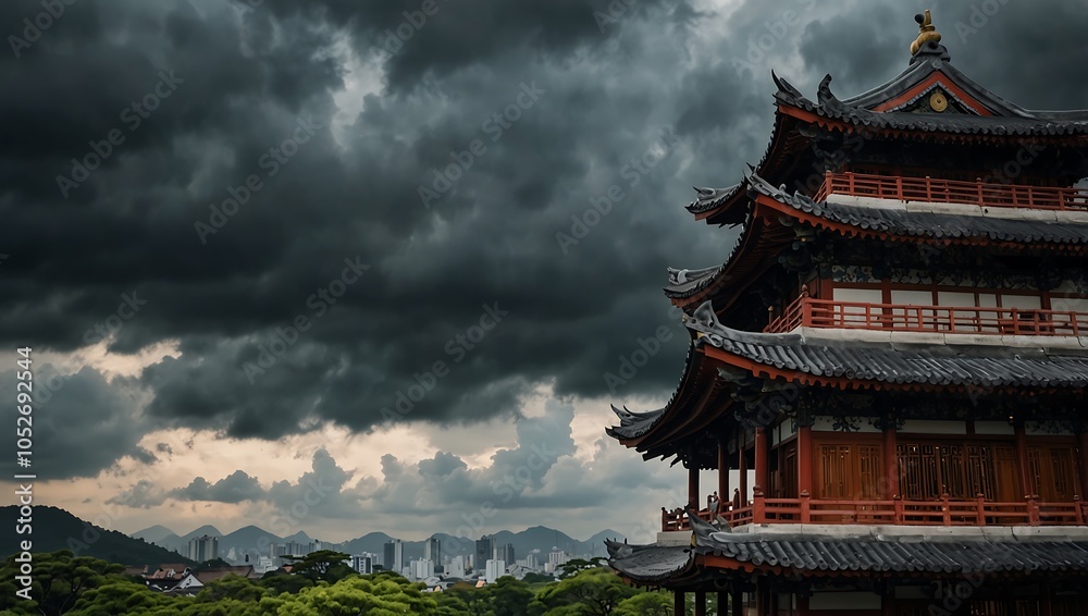 Obraz premium Dramatic Sky Over Traditional East Asian Architecture