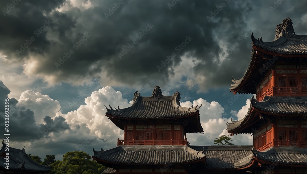 Dramatic Sky Over Traditional East Asian Architecture Dramatic Sky Over Traditional East Asian Architecture