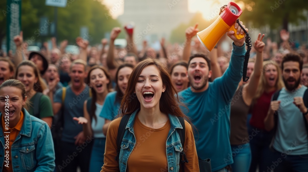 Fototapeta premium Angry young woman shouting during street protest surrounded by diverse and committed crowd fighting for their rights