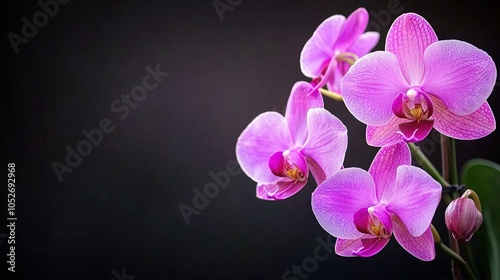  A close-up of pink orchids on a black background with a green stem in the foreground