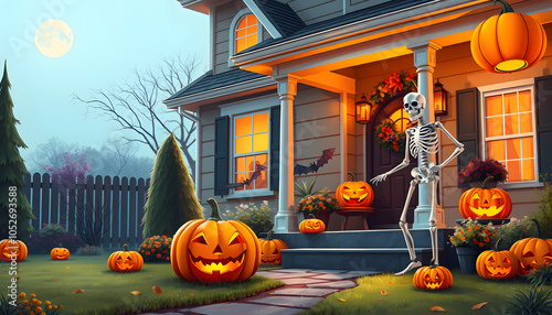 Halloween at home. Halloween pumpkin and skeleton for decorated house. Scary Decorated at front yard of a American home. Trick or treat. Halloween background. Autumn holiday of Halloween isolated wi