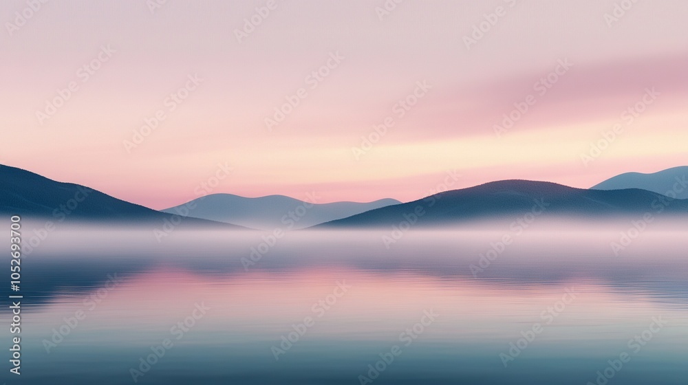Fototapeta premium Mountains surround a body of water beneath a pink-and-blue sky