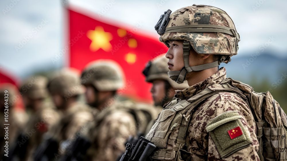 Military parade with Chinese soldiers marching in unison. Military parade with Chinese soldiers marching in unison.
