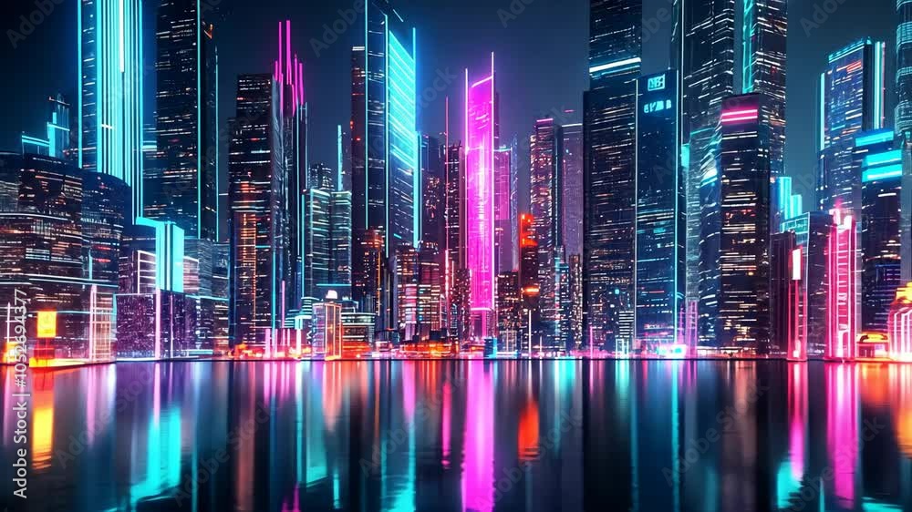 A futuristic city skyline with neon lights reflected in the water at night A futuristic city skyline with neon lights reflected in the water at night